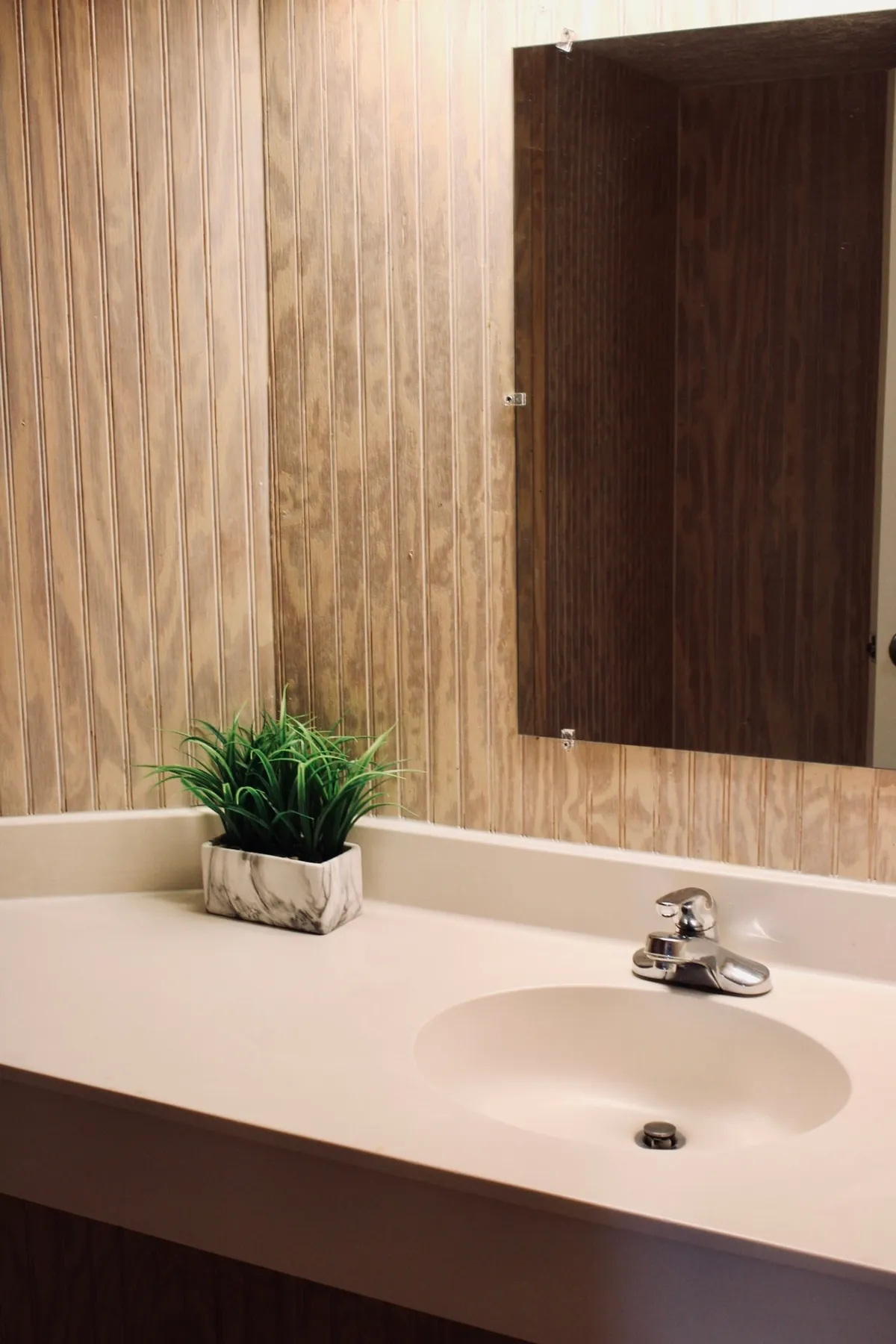 This image captures a bright, clean private bathroom featuring a stylish sink, a decorative plant, and a large mirror. The tranquil mood and soft lighting convey a welcoming, calming atmosphere—perfect for refreshing after a beach day.